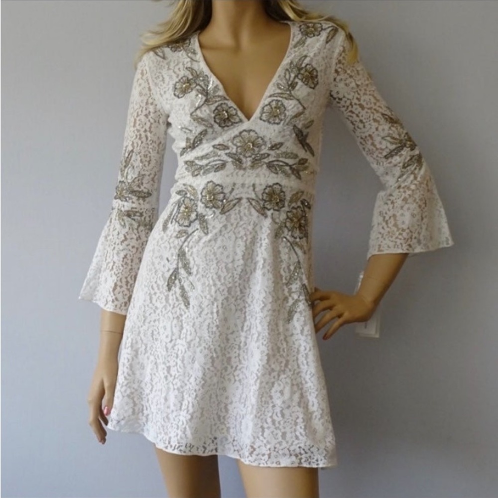 French connection Esme Shimmer V-Neck Floral Lace Dress with Bell Sleeves